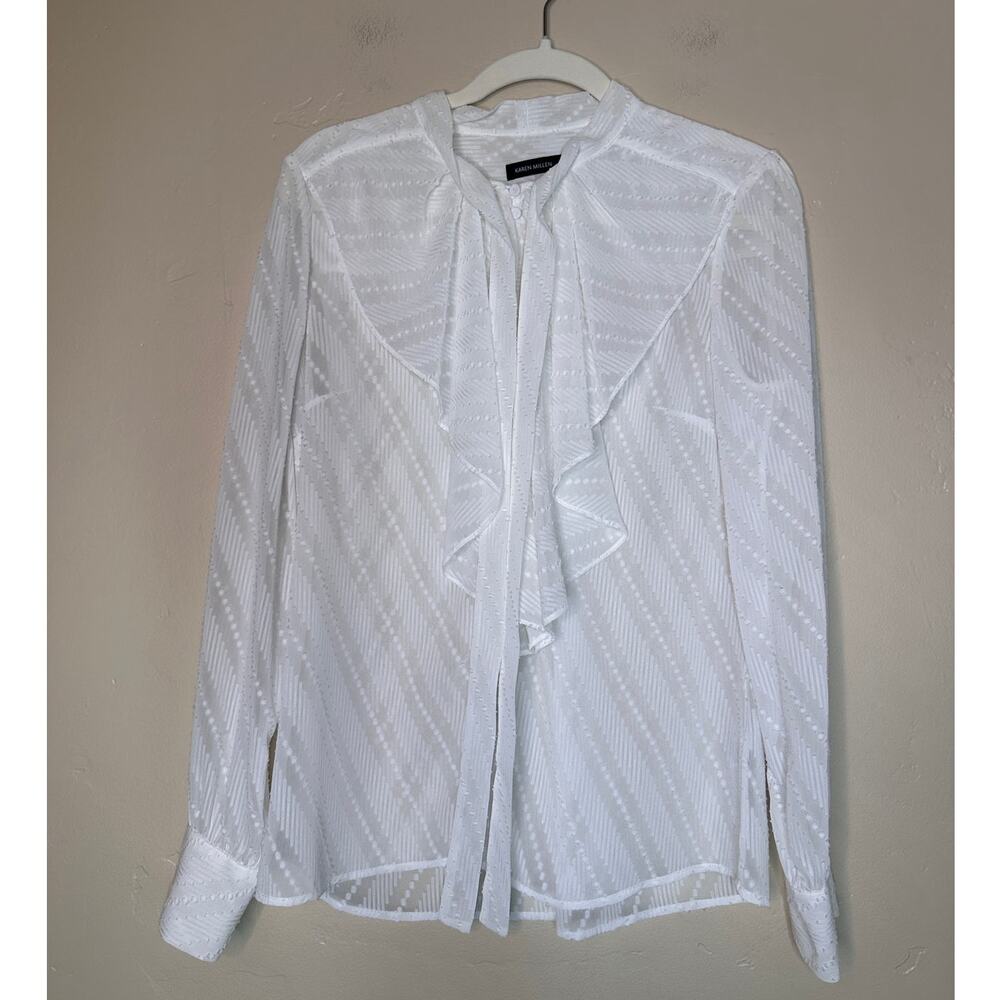 Karen Millen White Swiss Dot Sheer Long Sleeve Tie Neck Blouse 10